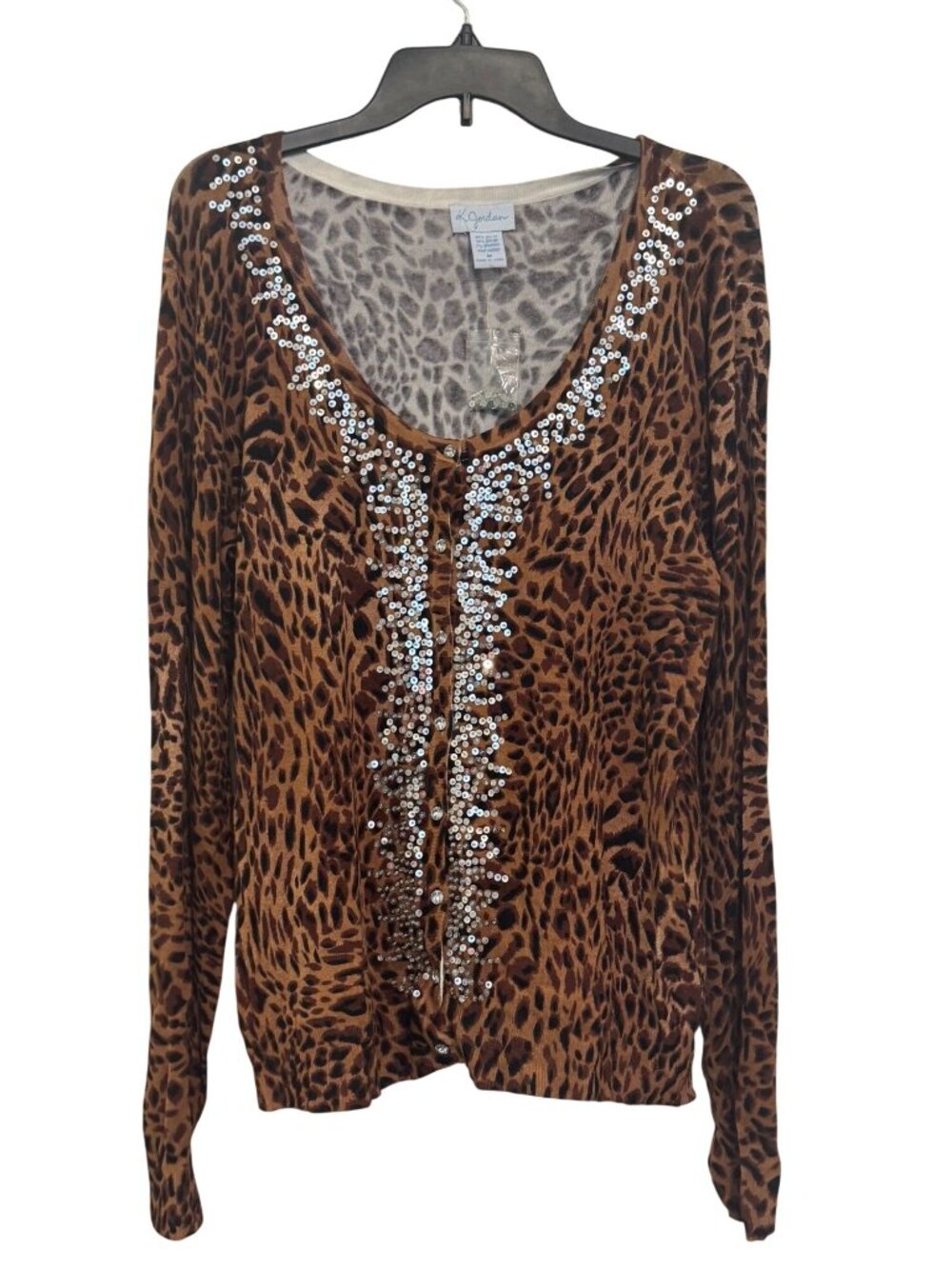 K. Jordan Leopard Print Cardigan With Sequins & Beaded Long Sleeve Medium Size